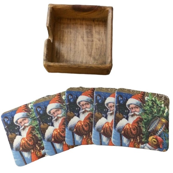 Vtg: 5 Cork-backed Christmas Santa Coasters with Wooden Holder Holiday Set X-Mas - Picture 2 of 4